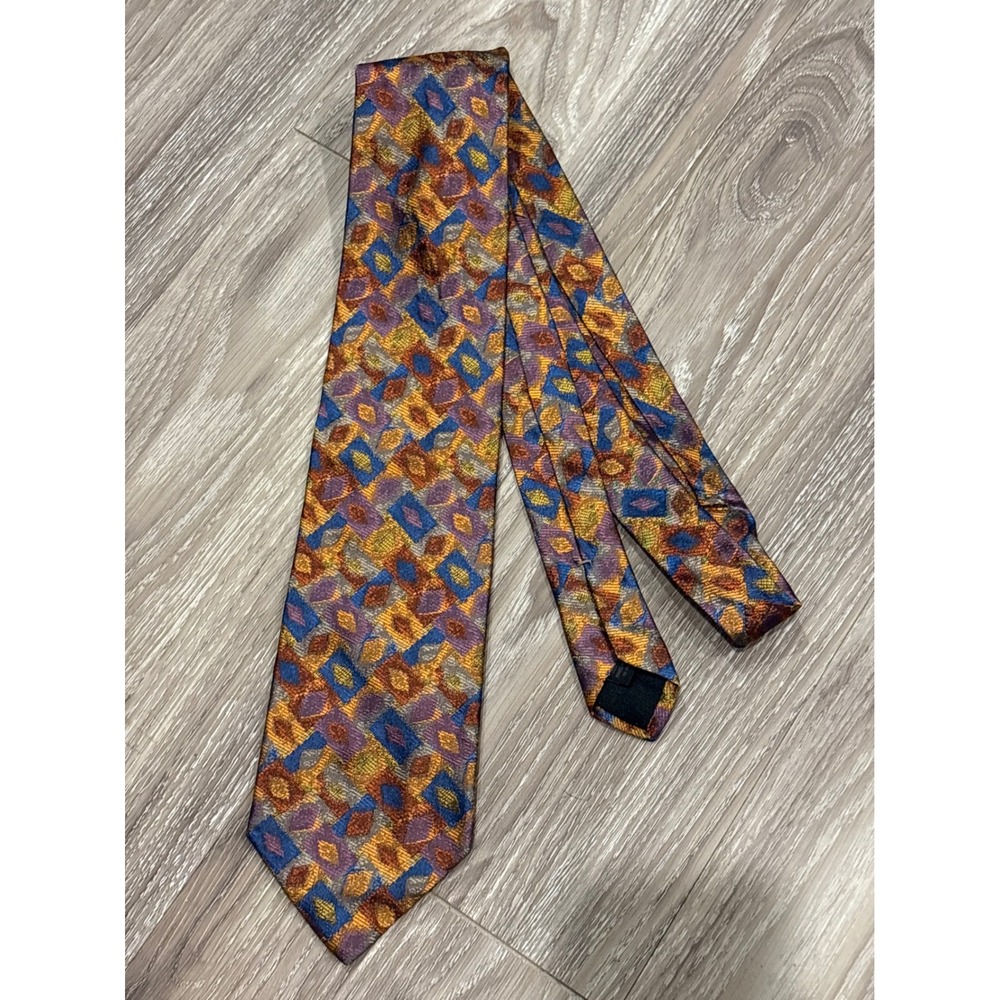 John W. Nordstrom Mens Silk Tie Geometric Diamond Pattern Gold Purple Italy